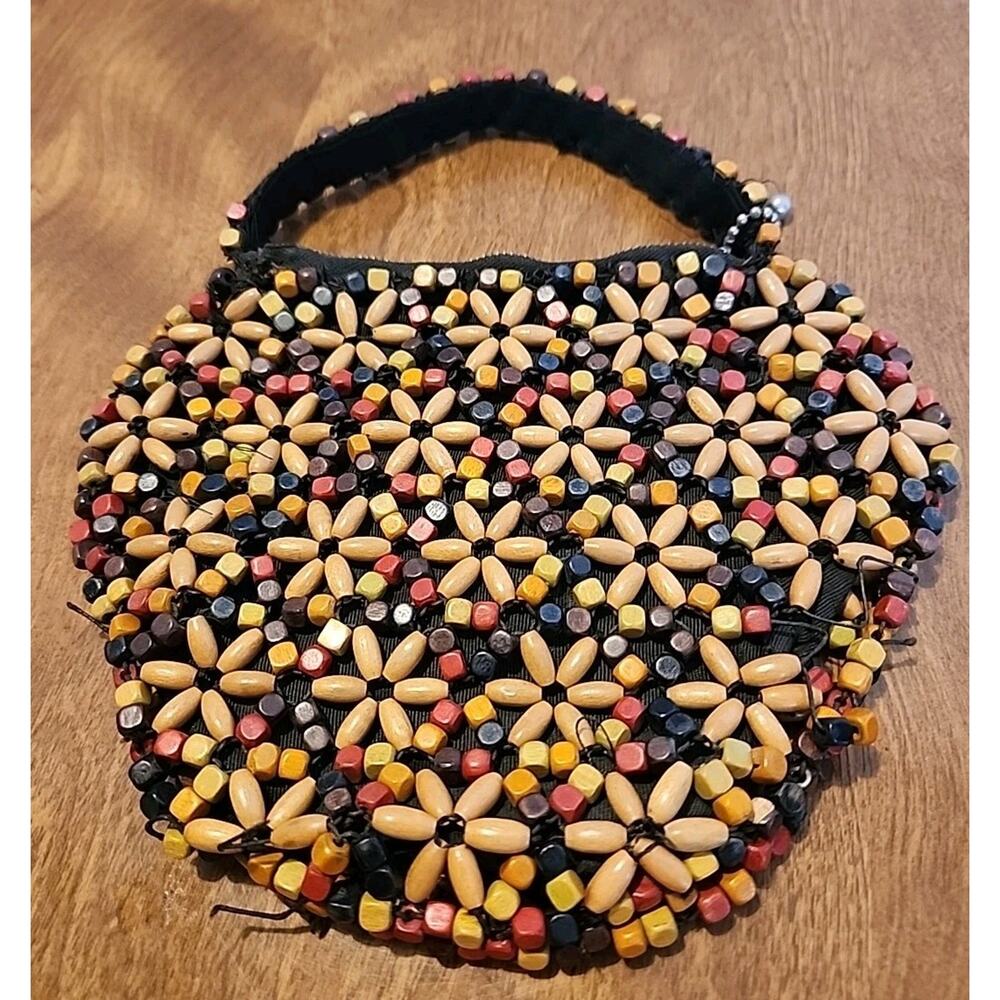 VTG Bohemian 1930s SUZANNE BRAND Czechoslovakia wood bead bag zipper Closure